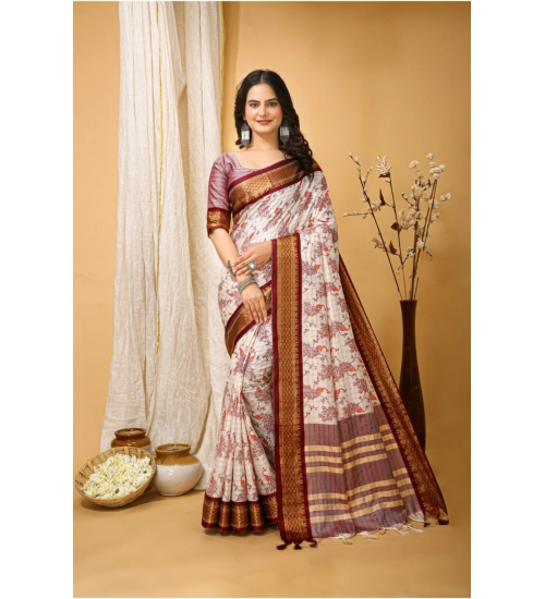 Generic Women's Soft Cotton Silk Printed Saree With Unstitched Blouse 5.5Mtr (Maroon)