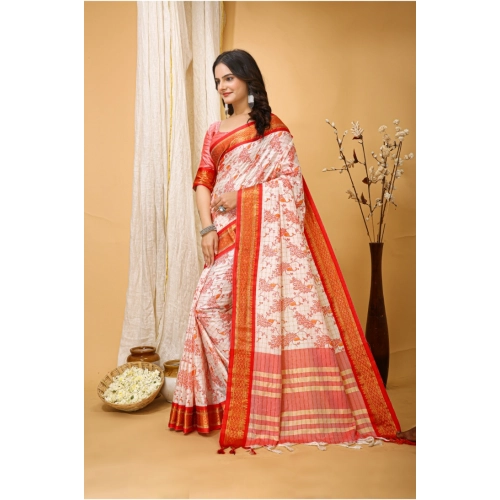 Women's Soft Cotton Silk Printed Saree With Unstitched Blouse 5.5Mtr (Red) Women's Soft Cotton Silk Printed Saree With Unstitched Blouse 5.5Mtr (Red)