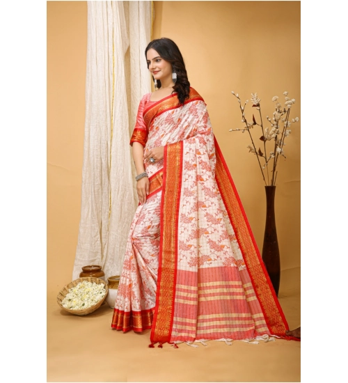 Generic Women's Soft Cotton Silk Printed Saree With Unstitched Blouse 5.5Mtr (Red)