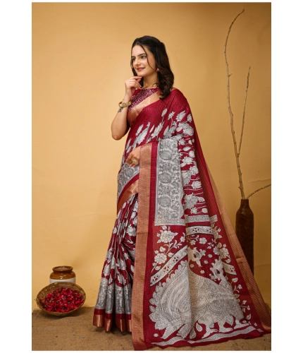 Generic Women's Soft Handloom Cotton Kalamkari Printed Saree With Unstitched Blouse 5.5Mtr (Maroon) Generic Women's Soft Handloom Cotton Kalamkari Printed Saree With Unstitched Blouse 5.5Mtr (Maroon)