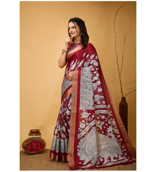 Generic Women's Soft Handloom Cotton Kalamkari Printed Saree With Unstitched Blouse 5.5Mtr (Maroon)
