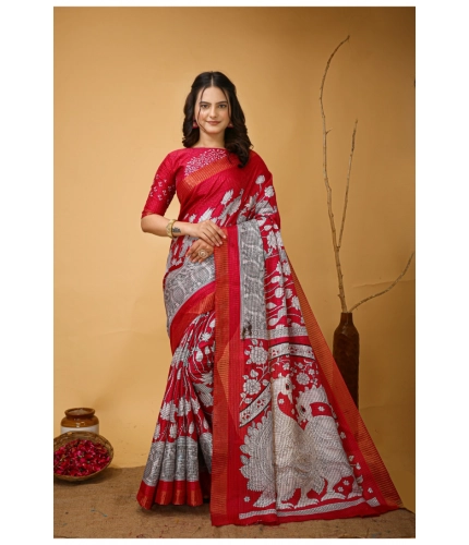 Generic Women's Soft Handloom Cotton Kalamkari Printed Saree With Unstitched Blouse 5.5Mtr (Pink)