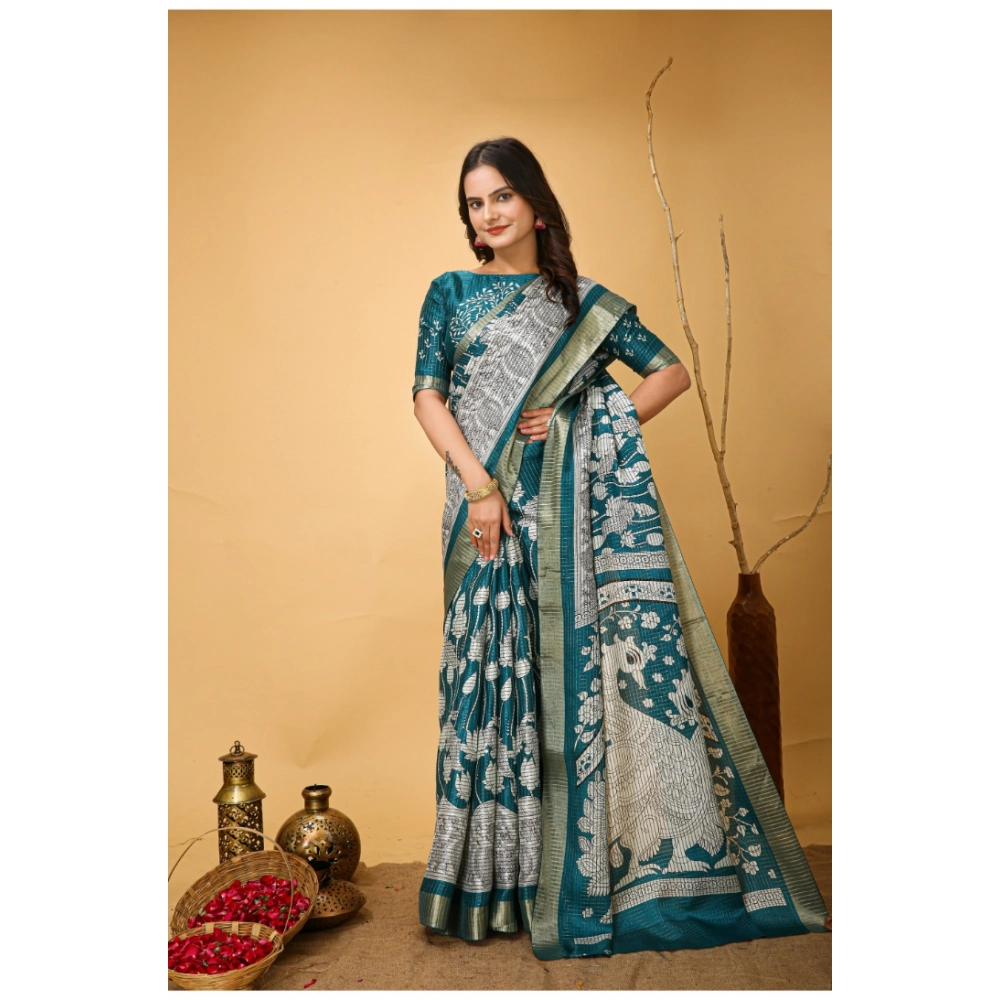 Generic Women's Soft Handloom Cotton Kalamkari Printed Saree With Unstitched Blouse 5.5Mtr (Turquoise) Generic Women's Soft Handloom Cotton Kalamkari Printed Saree With Unstitched Blouse 5.5Mtr (Turquoise)