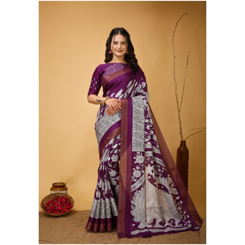 Generic Women's Soft Handloom Cotton Kalamkari Printed Saree With Unstitched Blouse 5.5Mtr (Purple) Generic Women's Soft Handloom Cotton Kalamkari Printed Saree With Unstitched Blouse 5.5Mtr (Purple)