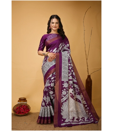 Generic Women's Soft Handloom Cotton Kalamkari Printed Saree With Unstitched Blouse 5.5Mtr (Purple)