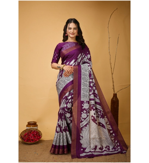 Generic Women's Soft Handloom Cotton Kalamkari Printed Saree With Unstitched Blouse 5.5Mtr (Purple)