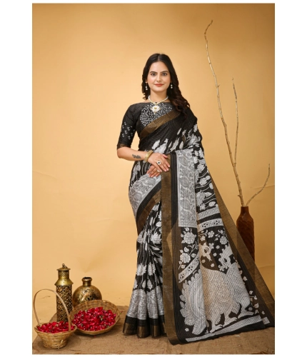 Generic Women's Soft Handloom Cotton Kalamkari Printed Saree With Unstitched Blouse 5.5Mtr (Black)