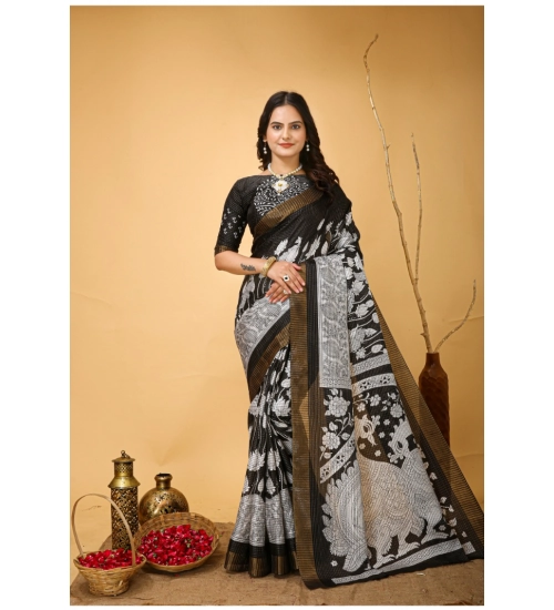 Generic Women's Soft Handloom Cotton Kalamkari Printed Saree With Unstitched Blouse 5.5Mtr (Black)