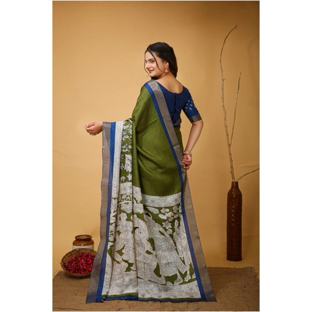 Generic Women's Soft Handloom Cotton Kalamkari Printed Saree With Unstitched Blouse 5.5Mtr (Mehendi) Generic Women's Soft Handloom Cotton Kalamkari Printed Saree With Unstitched Blouse 5.5Mtr (Mehendi)