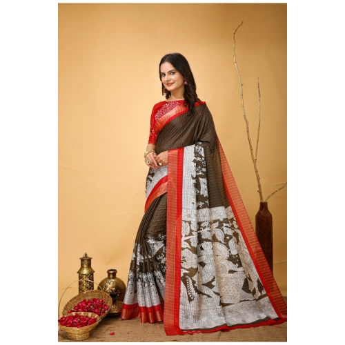 Women's Soft Handloom Cotton Kalamkari Printed Saree With Unstitched Blouse 5.5Mtr (Brown) Women's Soft Handloom Cotton Kalamkari Printed Saree With Unstitched Blouse 5.5Mtr (Brown)