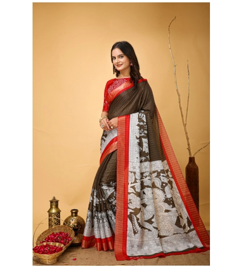 Generic Women's Soft Handloom Cotton Kalamkari Printed Saree With Unstitched Blouse 5.5Mtr (Brown)