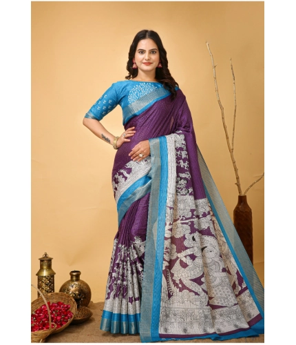 Generic Women's Soft Handloom Cotton Kalamkari Printed Saree With Unstitched Blouse 5.5Mtr (Purple)
