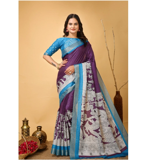 Generic Women's Soft Handloom Cotton Kalamkari Printed Saree With Unstitched Blouse 5.5Mtr (Purple)