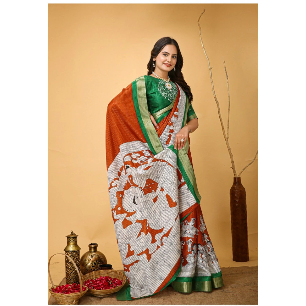 Generic Women's Soft Handloom Cotton Kalamkari Printed Saree With Unstitched Blouse 5.5Mtr (Orange) Generic Women's Soft Handloom Cotton Kalamkari Printed Saree With Unstitched Blouse 5.5Mtr (Orange)