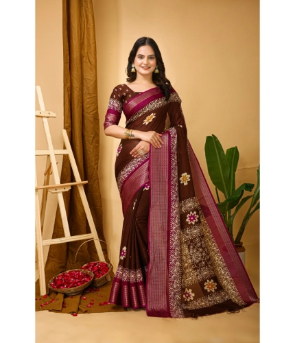 Generic Women's Soft Blooming Marshmallow Fabric Kalamkari Printed Saree With Unstitched Blouse 5.5Mtr (Maroon)