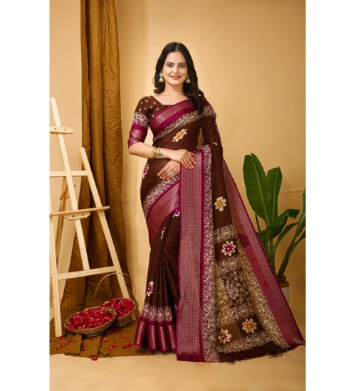 Generic Women's Soft Blooming Marshmallow Fabric Kalamkari Printed Saree With Unstitched Blouse 5.5Mtr (Maroon)