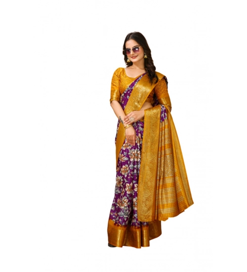 Generic Women's Soft Dola Cotton Kalamkari Printed Saree With Unstitched Blouse 5.5Mtr (Purple)
