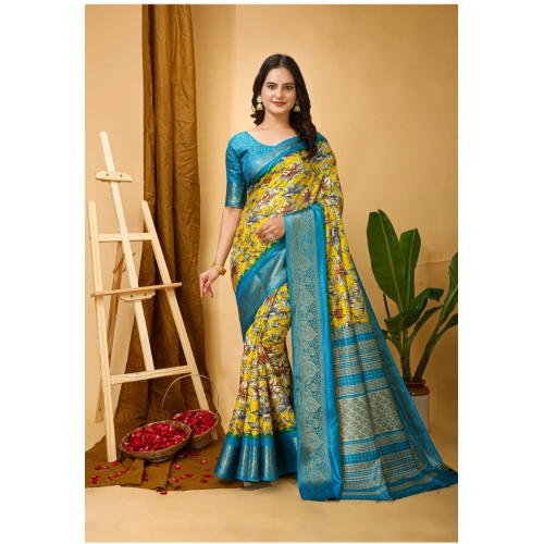 Women's Soft Dola Cotton Kalamkari Printed Saree With Unstitched Blouse 5.5Mtr (Yellow) Women's Soft Dola Cotton Kalamkari Printed Saree With Unstitched Blouse 5.5Mtr (Yellow)