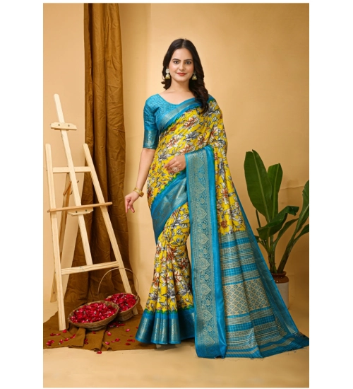 Generic Women's Soft Dola Cotton Kalamkari Printed Saree With Unstitched Blouse 5.5Mtr (Yellow)
