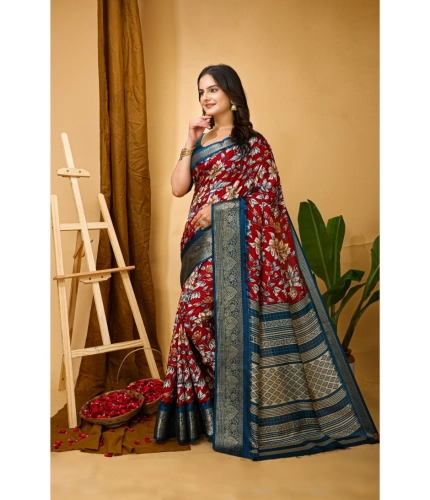 Generic Women's Soft Dola Cotton Kalamkari Printed Saree With Unstitched Blouse 5.5Mtr (Red)