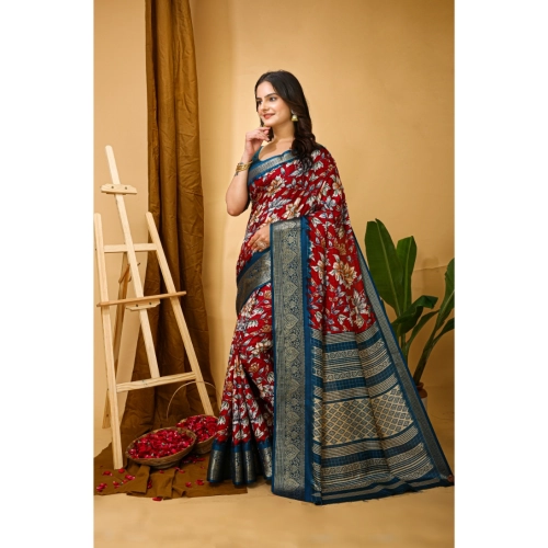 Women's Soft Dola Cotton Kalamkari Printed Saree With Unstitched Blouse 5.5Mtr (Red)