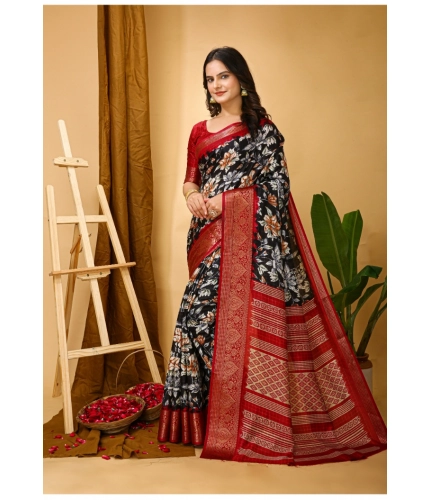 Generic Women's Soft Dola Cotton Kalamkari Printed Saree With Unstitched Blouse 5.5Mtr (Black)