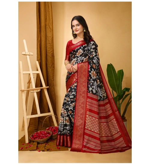 Generic Women's Soft Dola Cotton Kalamkari Printed Saree With Unstitched Blouse 5.5Mtr (Black)