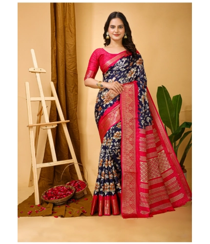 Generic Women's Soft Dola Cotton Kalamkari Printed Saree With Unstitched Blouse 5.5Mtr (Navy Blue)