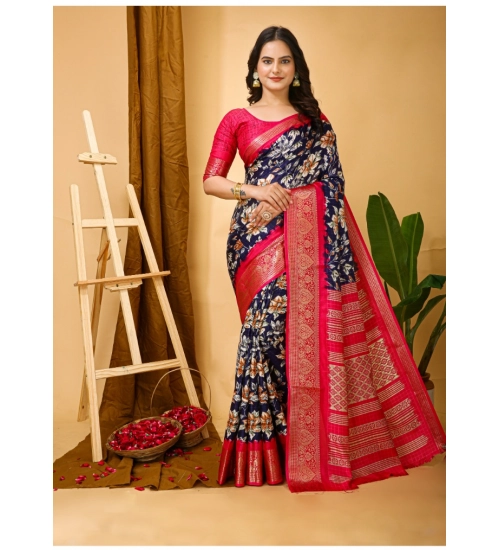 Generic Women's Soft Dola Cotton Kalamkari Printed Saree With Unstitched Blouse 5.5Mtr (Navy Blue)