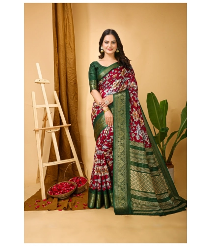 Generic Women's Soft Dola Cotton Kalamkari Printed Saree With Unstitched Blouse 5.5Mtr (Maroon)