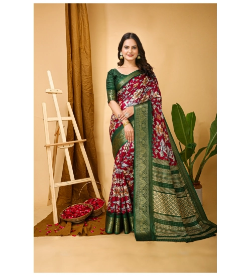 Generic Women's Soft Dola Cotton Kalamkari Printed Saree With Unstitched Blouse 5.5Mtr (Maroon)