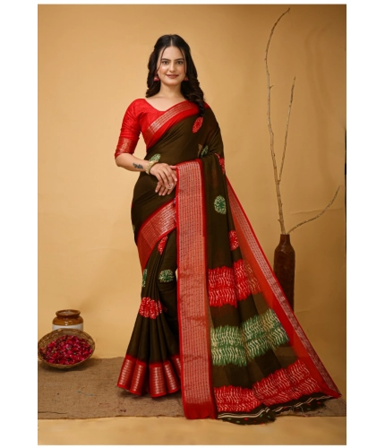 Generic Women's Soft Blooming Marshmallow Fabric Kalamkari Printed Saree With Unstitched Blouse 5.5Mtr (Mehendi)