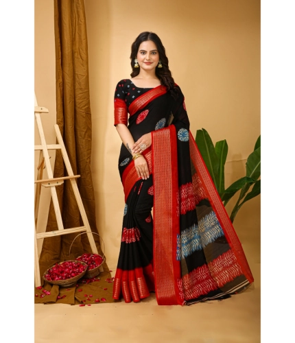 Generic Women's Soft Blooming Marshmallow Fabric Kalamkari Printed Saree With Unstitched Blouse 5.5Mtr (Black)