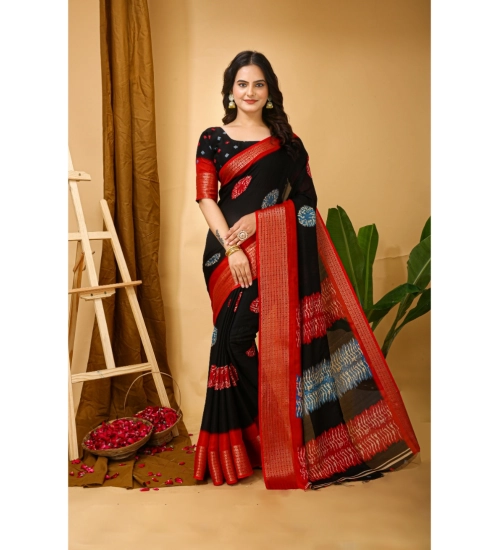 Generic Women's Soft Blooming Marshmallow Fabric Kalamkari Printed Saree With Unstitched Blouse 5.5Mtr (Black)