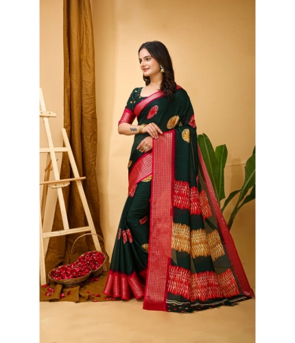 Generic Women's Soft Blooming Marshmallow Fabric Kalamkari Printed Saree With Unstitched Blouse 5.5Mtr (Green)