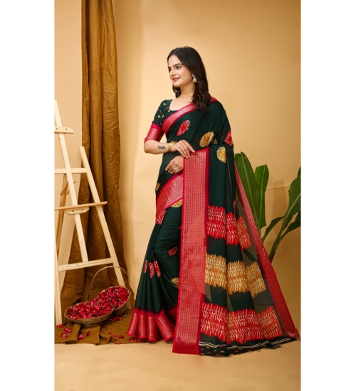Generic Women's Soft Blooming Marshmallow Fabric Kalamkari Printed Saree With Unstitched Blouse 5.5Mtr (Green)