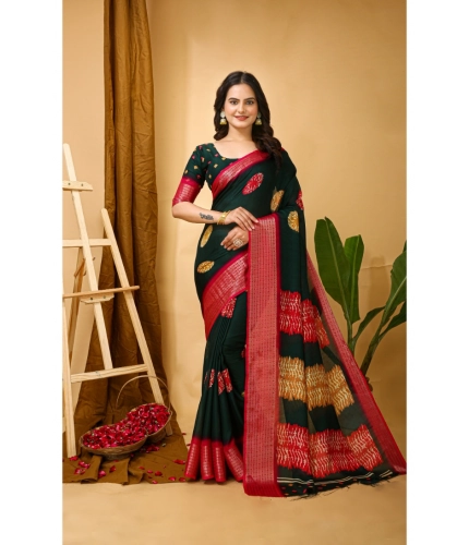 Generic Women's Soft Blooming Marshmallow Fabric Kalamkari Printed Saree With Unstitched Blouse 5.5Mtr (Green)