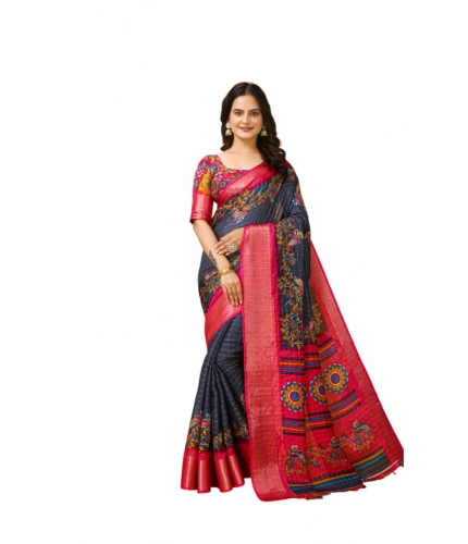 Generic Women's Soft Dola Cotton Kalamkari Printed Saree With Unstitched Blouse 5.5Mtr (Grey)