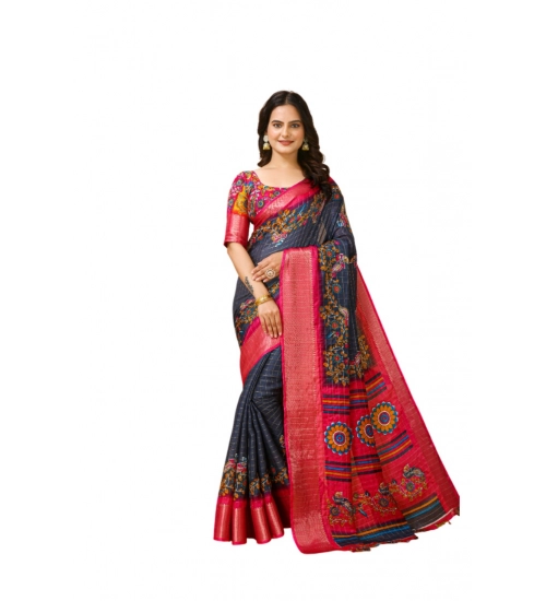 Generic Women's Soft Dola Cotton Kalamkari Printed Saree With Unstitched Blouse 5.5Mtr (Grey)