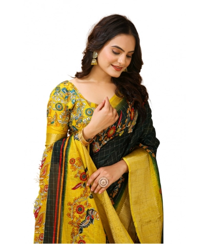 Generic Women's Soft Dola Cotton Kalamkari Printed Saree With Unstitched Blouse 5.5Mtr (Green)