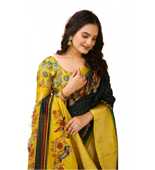 Generic Women's Soft Dola Cotton Kalamkari Printed Saree With Unstitched Blouse 5.5Mtr (Green)