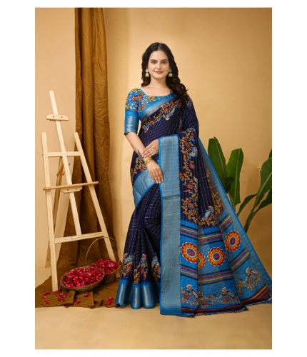 Generic Women's Soft Dola Cotton Kalamkari Printed Saree With Unstitched Blouse 5.5Mtr (Navy Blue)