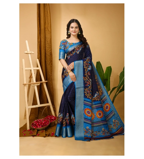 Generic Women's Soft Dola Cotton Kalamkari Printed Saree With Unstitched Blouse 5.5Mtr (Navy Blue)