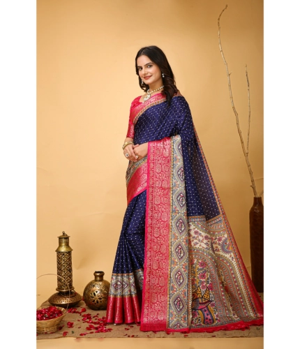 Generic Women's Soft Dola Cotton Kalamkari Printed Saree With Unstitched Blouse 5.5Mtr (Navy Blue)