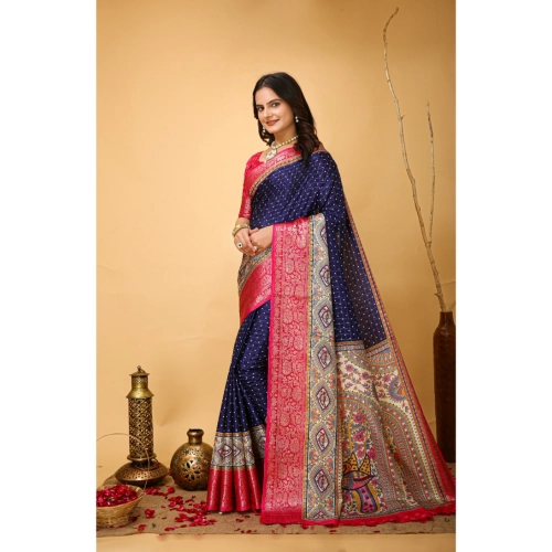 Women's Soft Dola Cotton Kalamkari Printed Saree With Unstitched Blouse 5.5Mtr (Navy Blue)