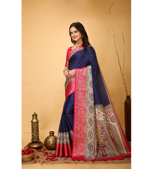 Generic Women's Soft Dola Cotton Kalamkari Printed Saree With Unstitched Blouse 5.5Mtr (Navy Blue)