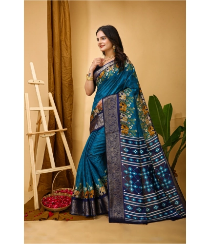 Generic Women's Soft Dola Cotton Kalamkari Printed Saree With Unstitched Blouse 5.5Mtr (Blue)