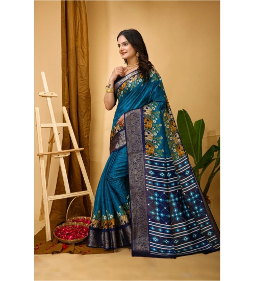Generic Women's Soft Dola Cotton Kalamkari Printed Saree With Unstitched Blouse 5.5Mtr (Blue)