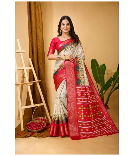 Generic Women's Soft Dola Cotton Kalamkari Printed Saree With Unstitched Blouse 5.5Mtr (White)