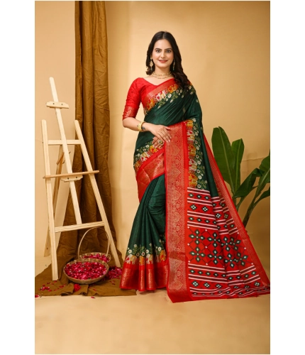 Generic Women's Soft Dola Cotton Kalamkari Printed Saree With Unstitched Blouse 5.5Mtr (Green)